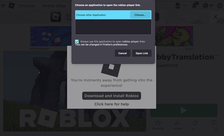 Chọn luôn sử dụng ứng dụng này để mở liên kết trình phát roblox
