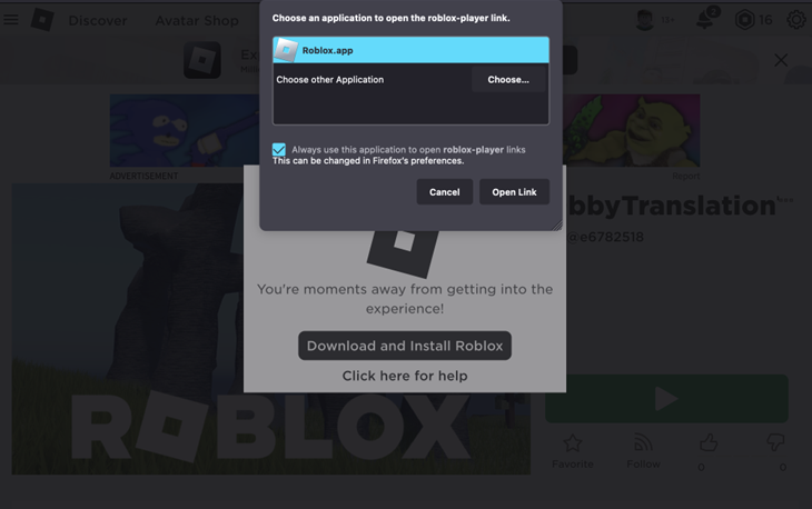 Chọn “Roblox.app” và nhấp vào “Mở Liên Kết”
