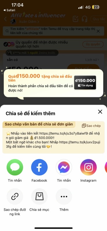 Cách kiếm tiền Affiliate với Temu