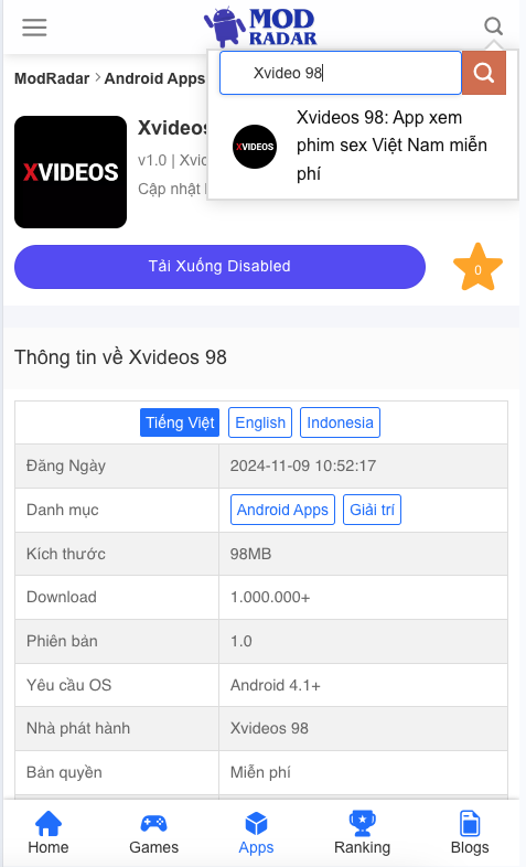 Tìm kiếm ứng dụng Xvideos 98